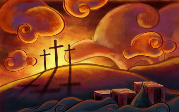 Картинка векторная графика вечер закат тучи кресты тени