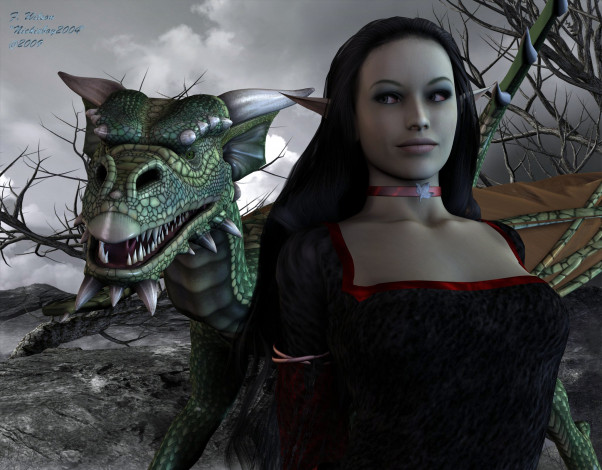 Обои картинки фото 3д, графика, elves, эльфы, эльфийка, дракон