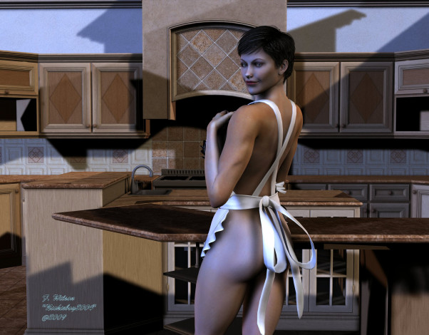 Обои картинки фото 3д, графика, people, люди, кухня, девушка