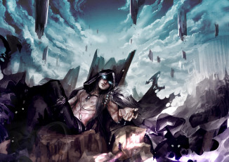 Картинка фэнтези демоны демон капюшон облака камни скалы парень genki-de арт
