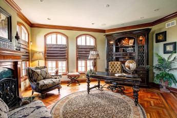 обоя интерьер, кабинет,  библиотека,  офис, стол, шкаф, камин