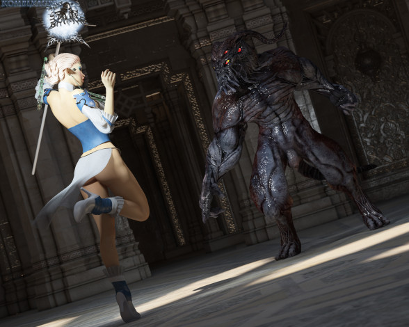 Обои картинки фото syrrist in battle, 3д графика, fantasy , фантазия, девушка, существо, шест