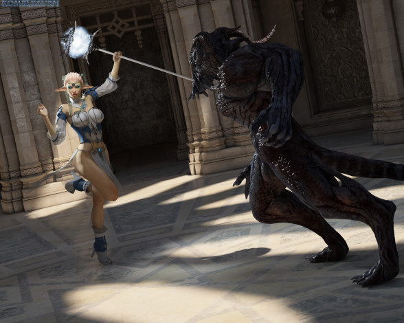 Обои картинки фото syrrist in battle, 3д графика, fantasy , фантазия, девушка, существо, шест