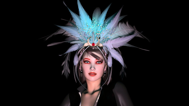 Обои картинки фото 3д графика, people , люди, перья, девушка, взгляд