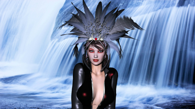 Обои картинки фото 3д графика, people , люди, водопад, перья, взгляд, девушка