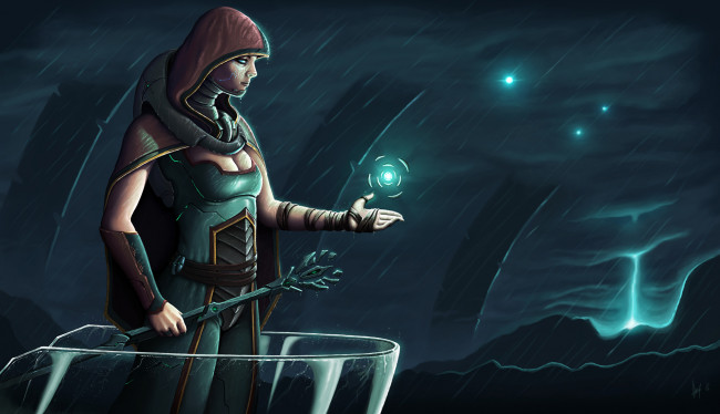 Обои картинки фото фэнтези, маги,  волшебники, посох, магия, накидка, дождь, девушка