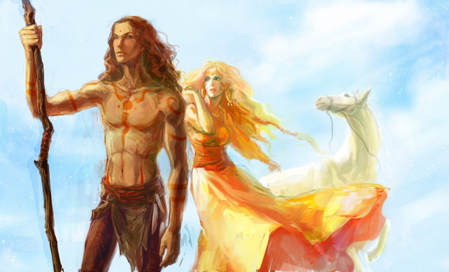 Обои картинки фото фэнтези, люди, девушка, парень, лошадь, тату, татуировки, посох, конь