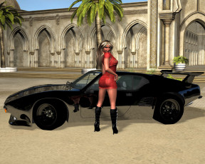 обоя автомобили, 3d car&girl, фон, взгляд, девушка, автомобиль