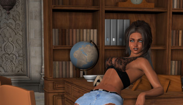 Картинка 3д+графика люди+ people шорты книги девушка глобус фон взгляд