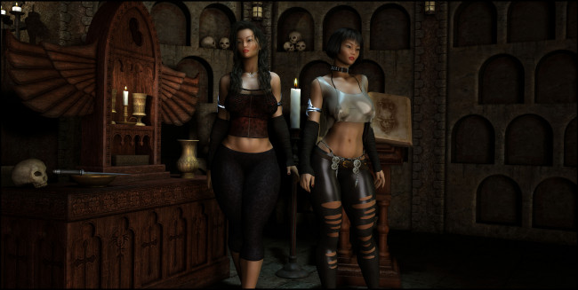 Обои картинки фото 3д графика, люди , people, стол, взгляд, фон, чаша, свеча, череп, нож, девушки