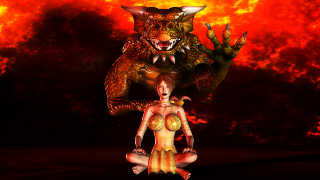 Обои картинки фото 3д графика, фантазия , fantasy, демон, фон, взгляд, девушка