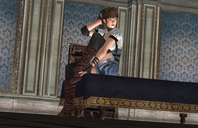 Обои картинки фото 3д графика, аниме , anime, взгляд, девушка, фон, стол, сапоги