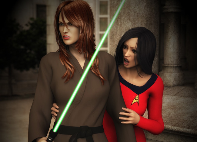 Обои картинки фото 3д графика, фантазия , fantasy, оружие, фон, взгляд, девушки