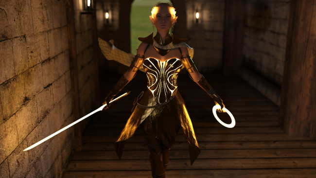 Обои картинки фото 3д графика, эльфы , elves, оружие, взгляд, фон, эльфийка