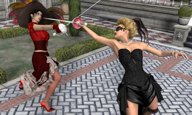 Обои картинки фото 3д графика, фантазия , fantasy, фон, взгляд, девушки, оружие