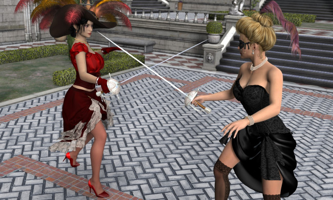 Обои картинки фото 3д графика, фантазия , fantasy, оружие, фон, взгляд, девушки