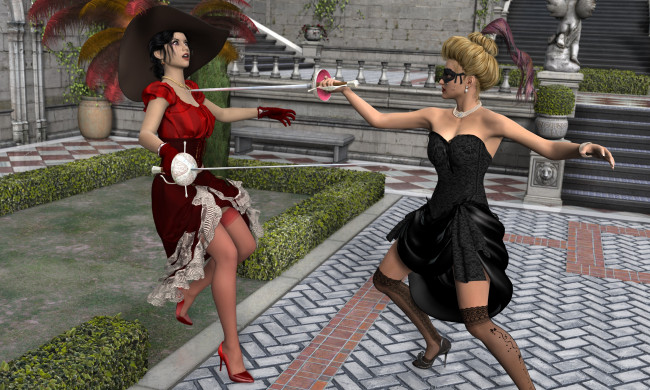 Обои картинки фото 3д графика, фантазия , fantasy, оружие, фон, взгляд, девушки