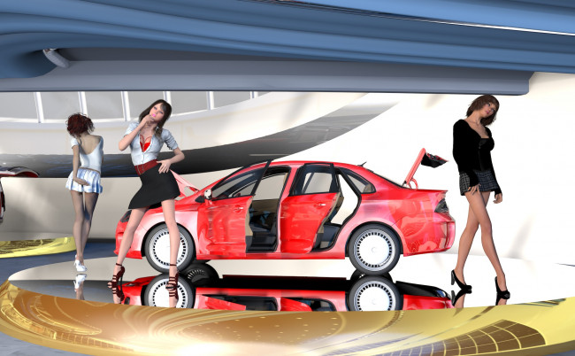 Обои картинки фото 3д графика, люди-авто, мото , people- car ,  moto, автомобиль, фон, взгляд, девушки