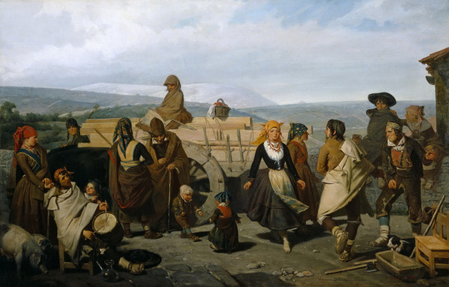 Обои картинки фото рисованное, живопись, танец, валериано, домингес, беккер, горы, повозка, дети, люди, жанровая, картина