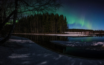 Картинка природа северное+сияние лес река