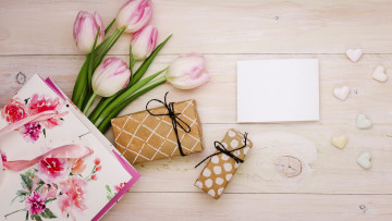 Картинка праздничные день+святого+валентина +сердечки +любовь сердечки подарки тюльпаны