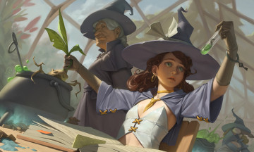 Картинка фэнтези маги +волшебники ведьмы пробирка книга котел зелье