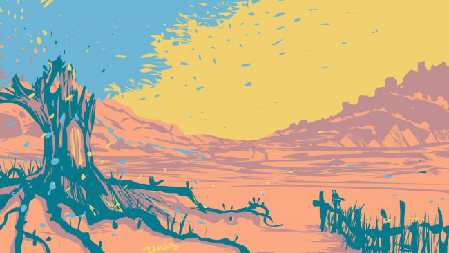 Обои картинки фото векторная графика, природа , nature, дерево, забор, горы