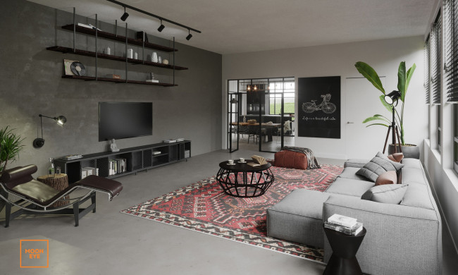 Обои картинки фото интерьер, гостиная, полки, телевизор, ковер, диван