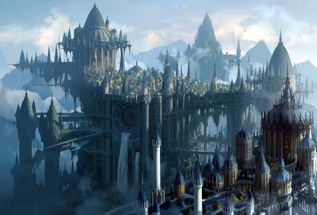 Обои картинки фото фэнтези, замки, город, башни, горы, облака
