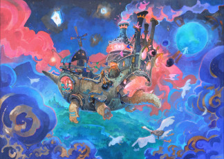 обоя фэнтези, роботы,  киборги,  механизмы, летучий, корабль, небо, птицы