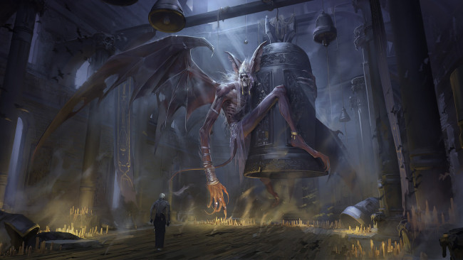 Обои картинки фото фэнтези, демоны, демон, на, колоколе