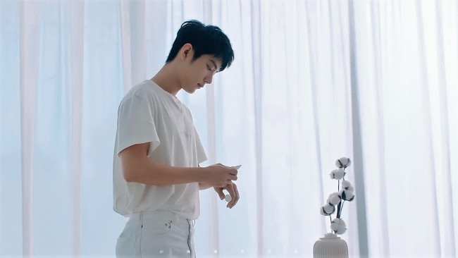 Обои картинки фото мужчины, xiao zhan, актер, футболка, крем, цветы