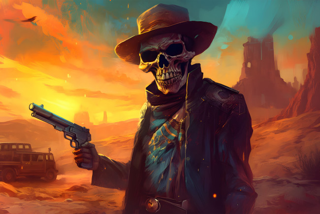 Обои картинки фото фэнтези, нежить, скелет, с, пистолетом