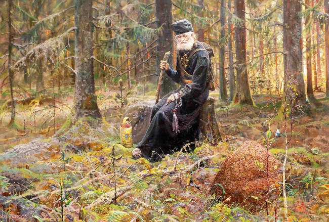 Обои картинки фото рисованное, павел рыженко, монах, лес, пень, муравейник