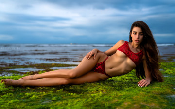 обоя roza royce, девушки, шатенка, белье, мох, озеро