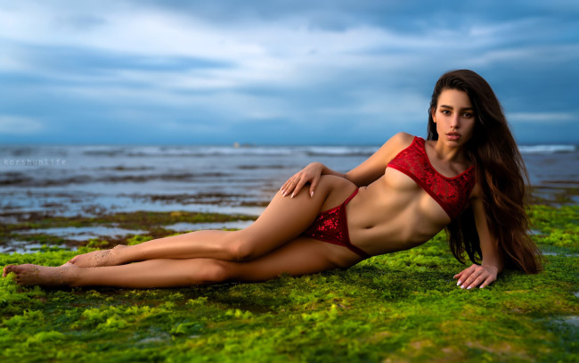 Обои картинки фото roza royce, девушки, шатенка, белье, мох, озеро