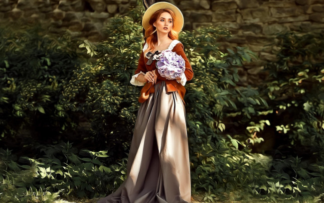 Обои картинки фото рисованное, люди, женщина, шляпа, букет, кусты