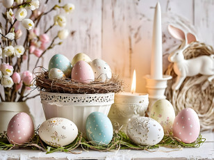 обоя праздничные, пасха, цветы, свеча, яйца