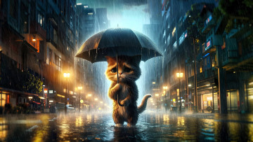 Картинка 3д+графика фантазия+ fantasy кот зонт дождь потоп вода город улица