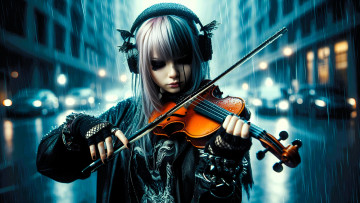 Картинка 3д+графика люди+ people девушка скрипачка скрипка музыка наушники дождь город улица