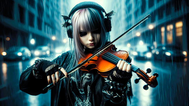 Обои картинки фото 3д графика, люди , people, девушка, скрипачка, скрипка, музыка, наушники, дождь, город, улица