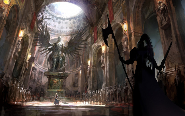 Обои картинки фото фэнтези, иные, миры, времена, статуя, замок