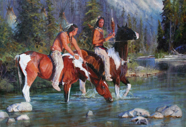 Обои картинки фото paul, dykman, letting, the, paints, drink, рисованные, индеец