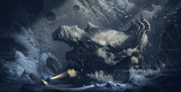 Картинка фэнтези иные+миры +иные+времена иной мир люди пещера грот гигантский череп кости