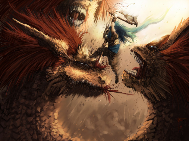 Обои картинки фото фэнтези, существа, сражение, меч, воин, монстры
