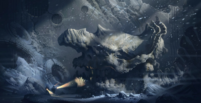 Обои картинки фото фэнтези, иные миры,  иные времена, иной, мир, люди, пещера, грот, гигантский, череп, кости