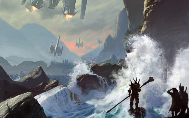 Обои картинки фото фэнтези, люди, корабли, космические, берег, море