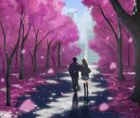 Картинка аниме город +улицы +здания арт donsaid dias mardianto парень школьники девушка форма сакура деревья