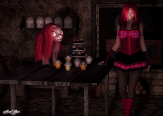 Картинка 3д+графика люди+ people стол угощение пони фон взгляд девушка