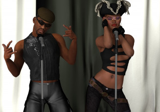 Картинка 3д+графика люди+ people фон взгляд девушка микрофон мужчина поет